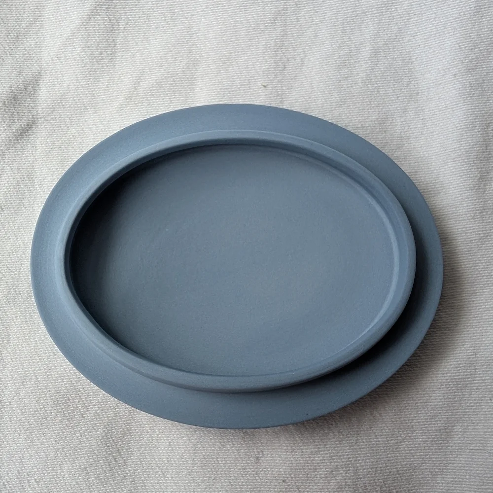 Wedgwood England Jasperware Blue Cream Detail Aesculapius Oval Trinket Box + Lid